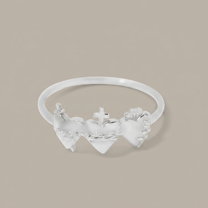 Sacred Hearts of the Holy Family Ring in Sterling Silver greige