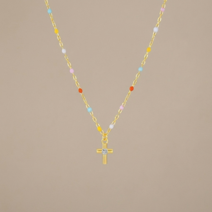 Rainbow Bead Cross Necklace