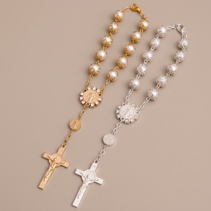 Christian Glass Beads St. Benedict & Jesus Cross Bracelet Rosary