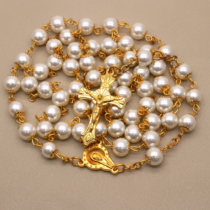 White Pearl Beads Catholic Blessing Rosary