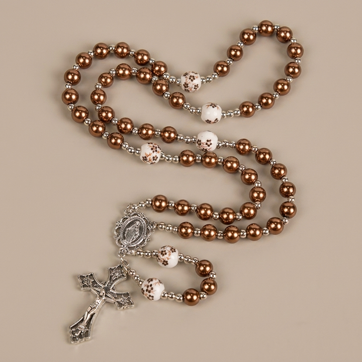 Miraculous Medal & Crucifix, Round Multicolor Pearl/Ceramics Rosary