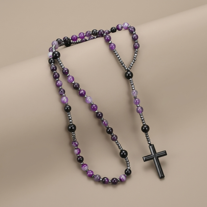 Purple Agate Natural Stone Cross Rosary