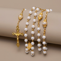 St. Benedict Medal & Crucifix, Round White Pearl Alloy Chain Rosary