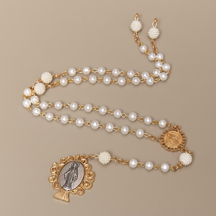 St. Benedict Medal & Miraculous Medal, Round White Pearl Alloy Chain Rosary