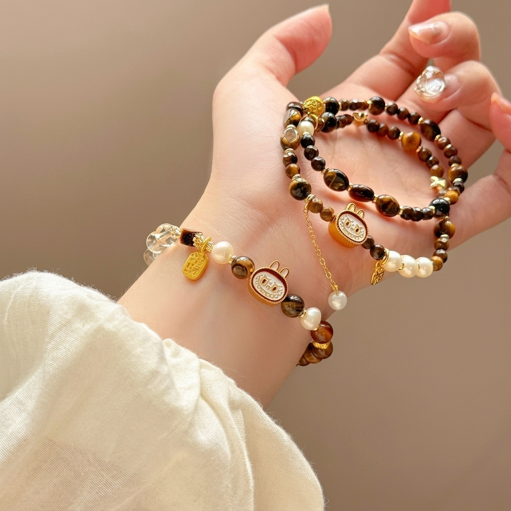 Handmade Tiger's Eye Stone Elastic Rosary Bracelet