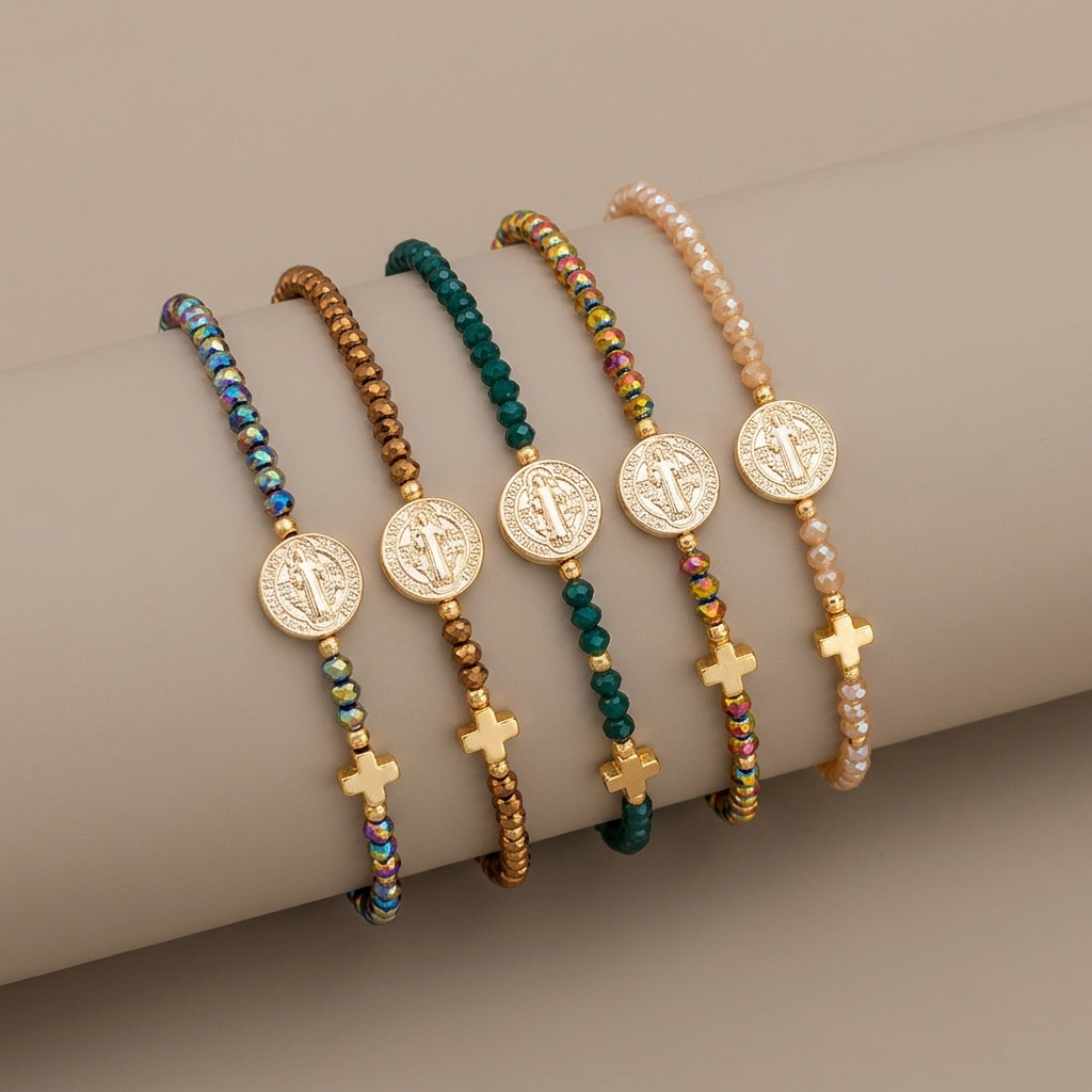 Handmade Earth Tone Rosary Bracelet with Cross & St. Benedict Charm
