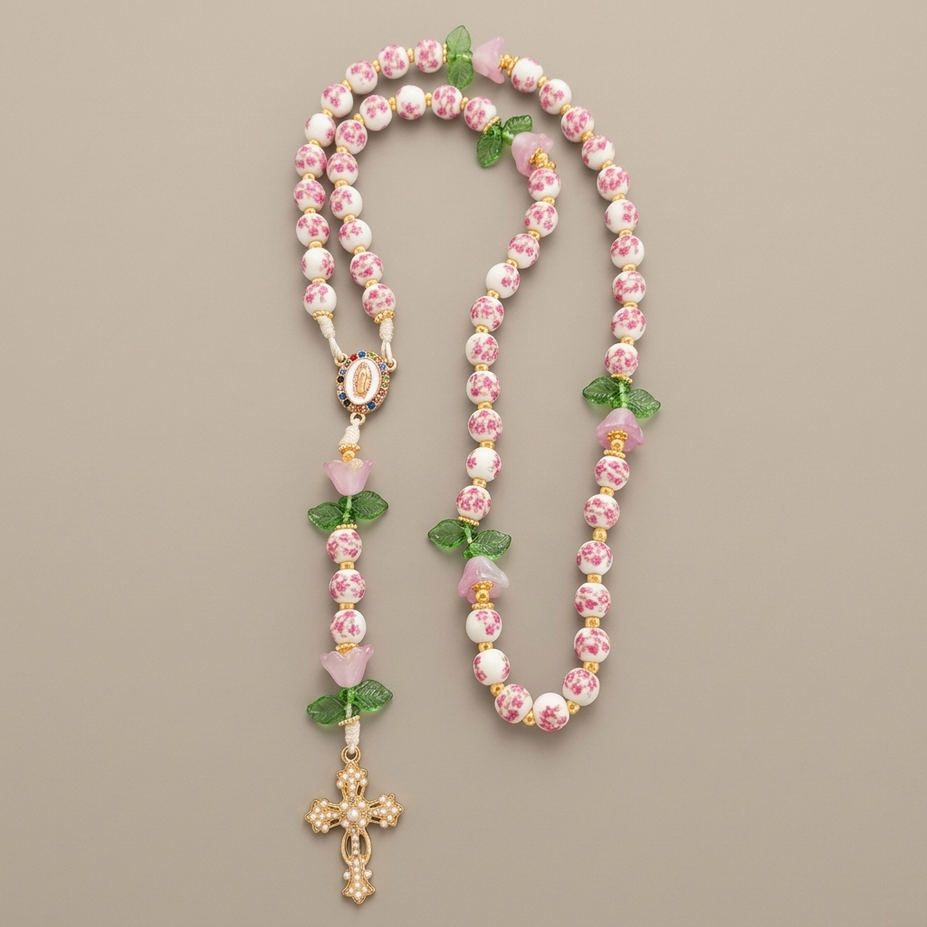 Divine Serenity Handmade Floral Rosary, Our Lady of Guadalupe & Crucifix, Ceramic & Jade