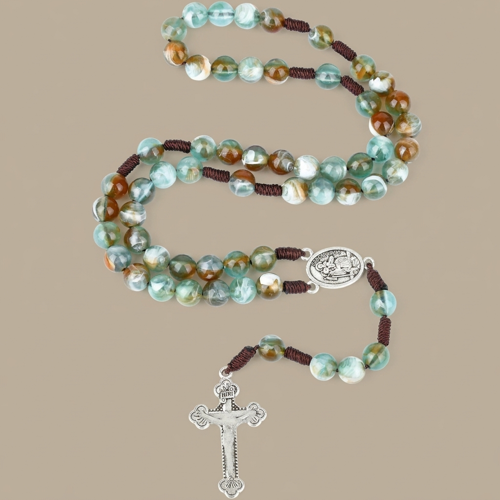 Green Agate Prayer Rosary with Bronze Rose Accents