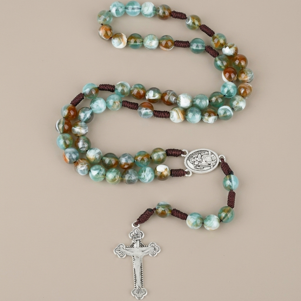 Aqua Stone Prayer Rosary with Gold Accents