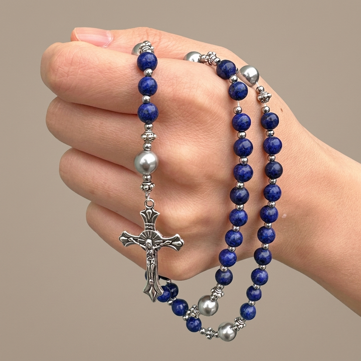 Handmade St. Therese of Lisieux Medal & Crucifix, Lapis Lazuli & Map Stone Rosary