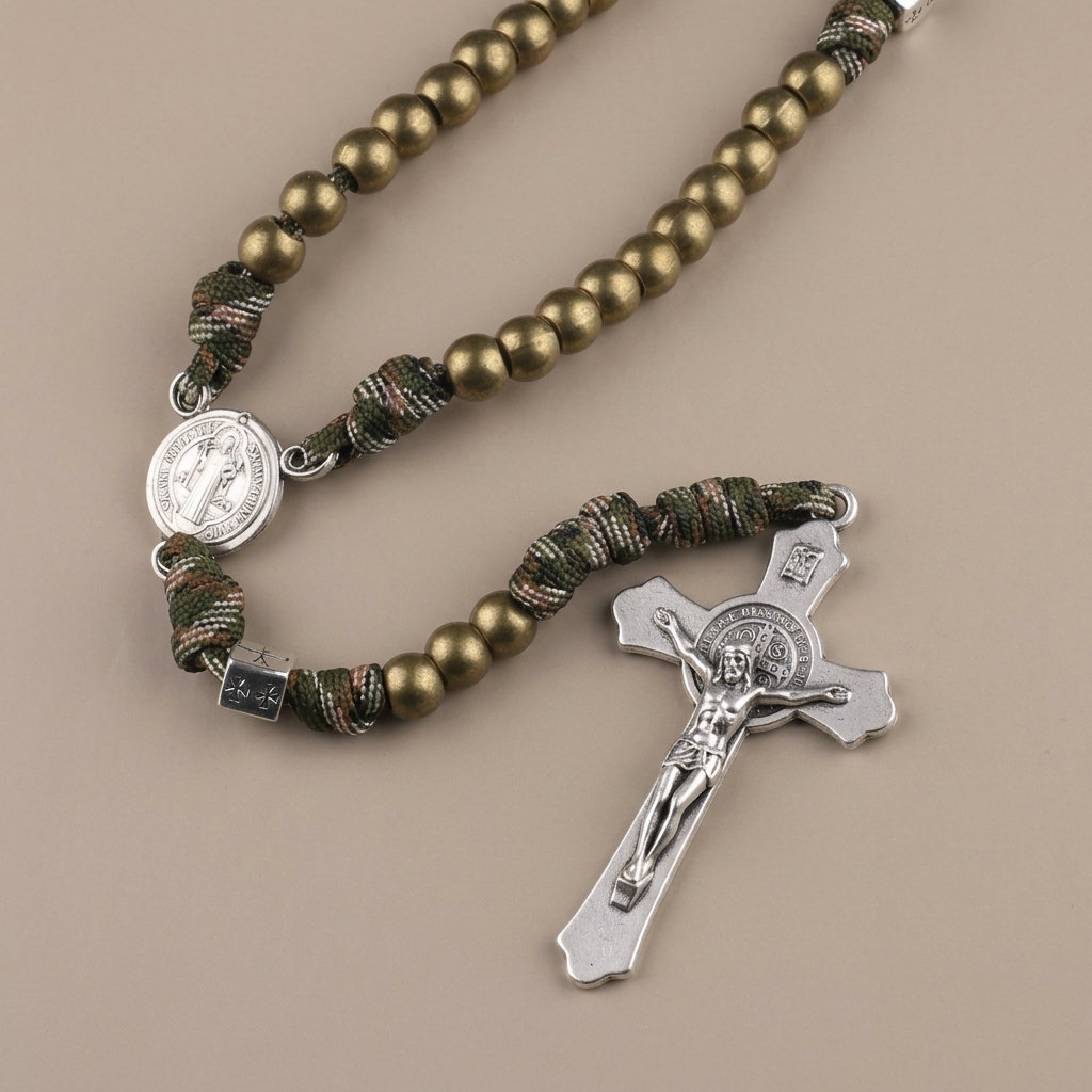 Miraculous Medal & Crucifix, Round Black Gallstone Nylon Cord Rosary