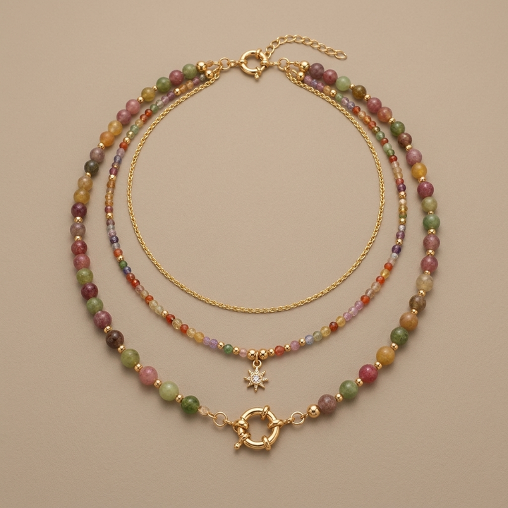 Colorful Tourmaline Beads Rosary with Square Divine Mercy & Golden Crucifix