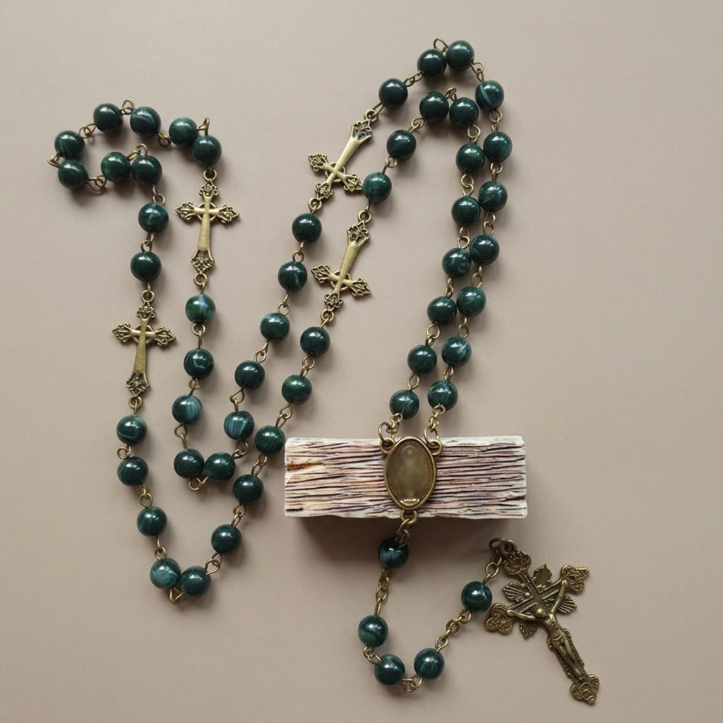 Blue Pattern Beads Rosary, Miraculous Medal & Crucifix, Authentic Larimar Stone