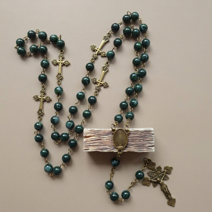 Blue Pattern Beads Rosary, Miraculous Medal & Crucifix, Authentic Larimar Stone