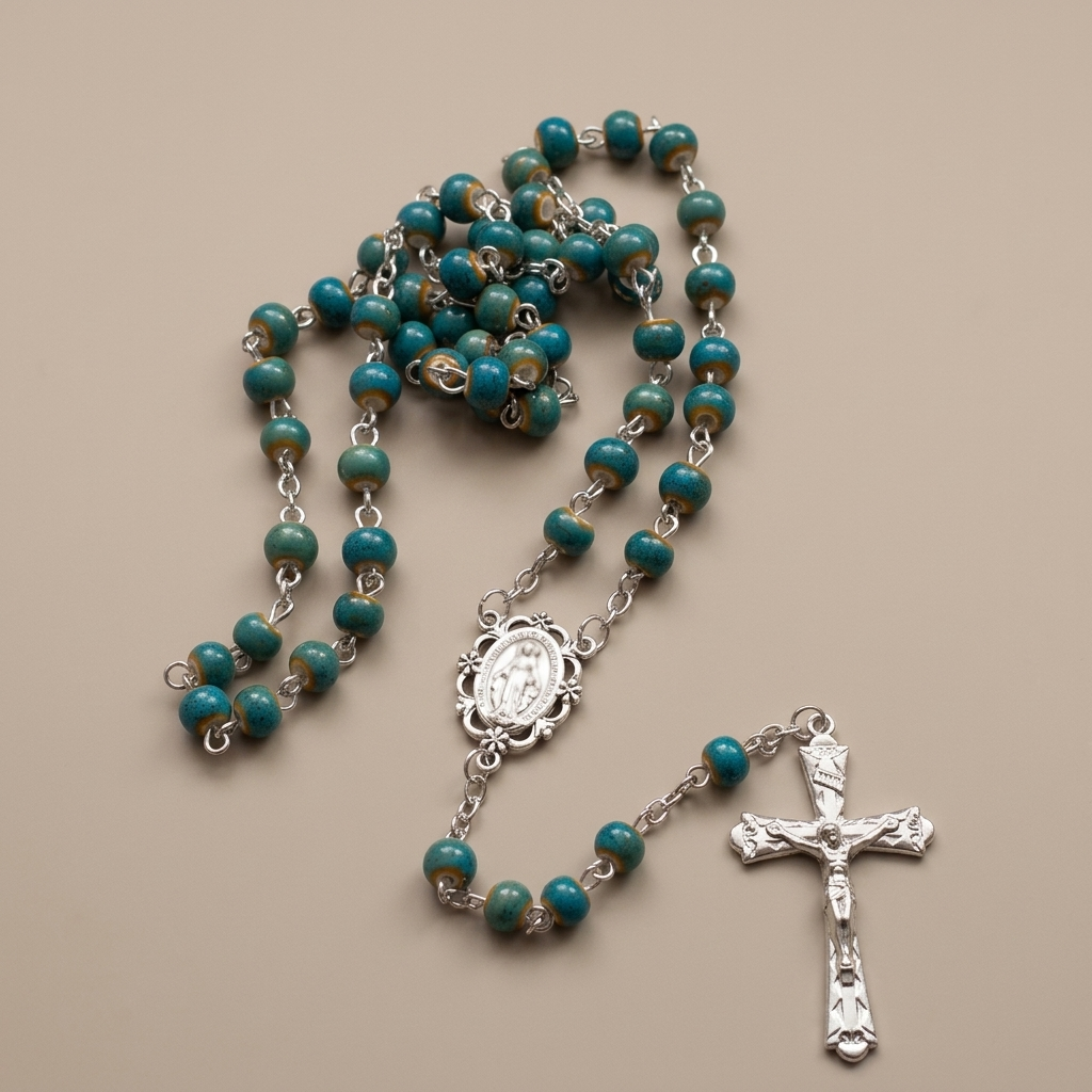 Handcrafted Turquoise Rosary with Miraculous Medal & Amber Beads