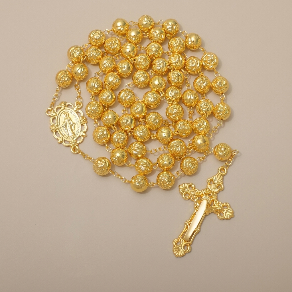 Engraved Rose Bead Our Lady Rosary with Crucifix