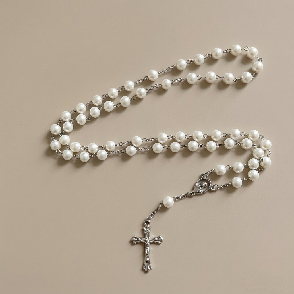 Miraculous Medal & Crucifix, White Pearl Ball Prayer Beads Rosary