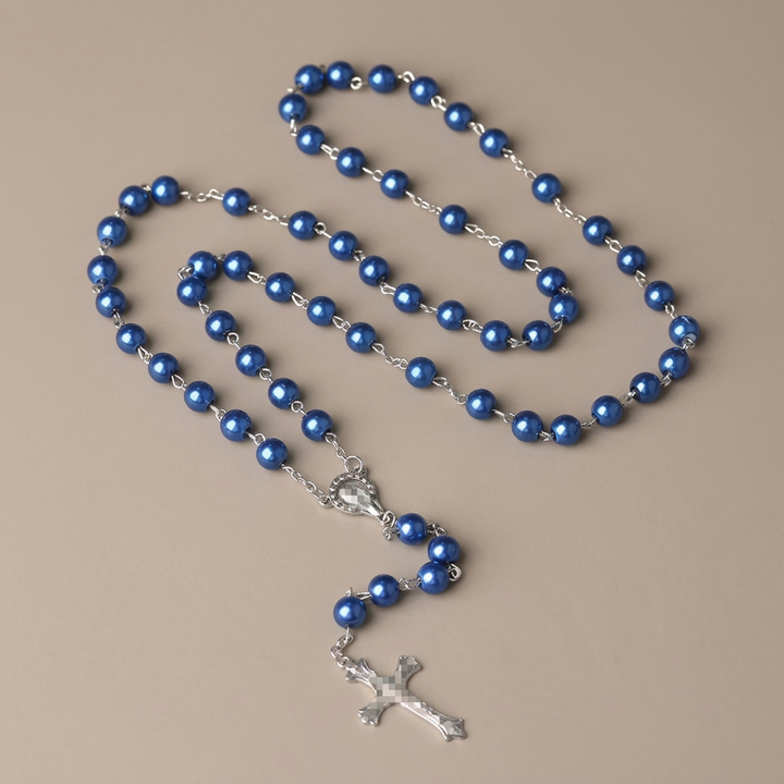 Royal Blue Pearl Beads Rosary with Holy Mother Medal & Crucifix