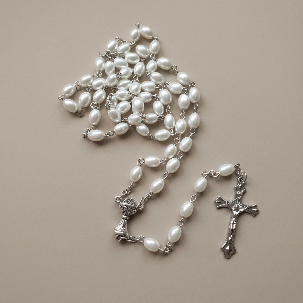 Holy Grail & Crucifix, Oval White Pearl Alloy Chain Rosary