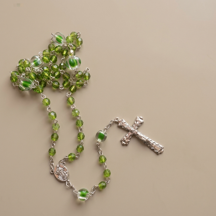 St. Benedict Medal & Trinity Cross, Green Floral Ball Prayer Beads Rosary