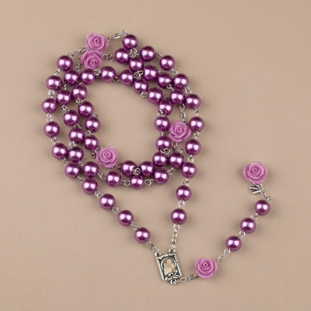 Madonna in Profile & Crucifix, Rose Round Multicolor Pearl Alloy Chain Rosary (8 Colors)