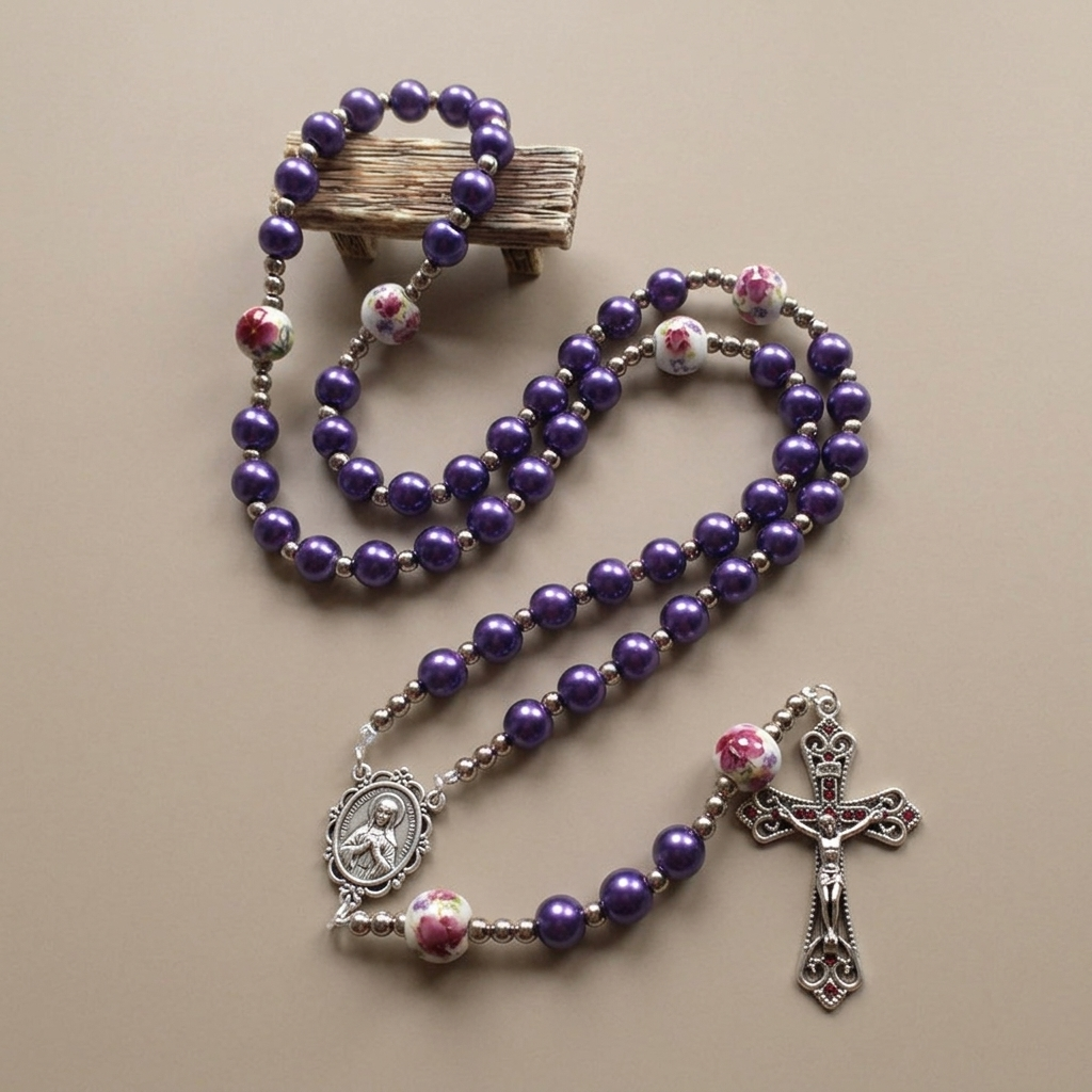 Miraculous Medal & Crucifix, Round Multicolor Pearl Nylon Cord Rosary