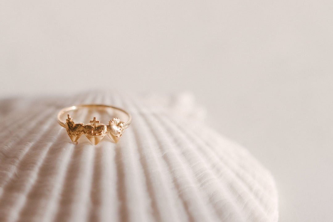 Sacred Hearts of the Holy Family Ring in Gold Vermeil