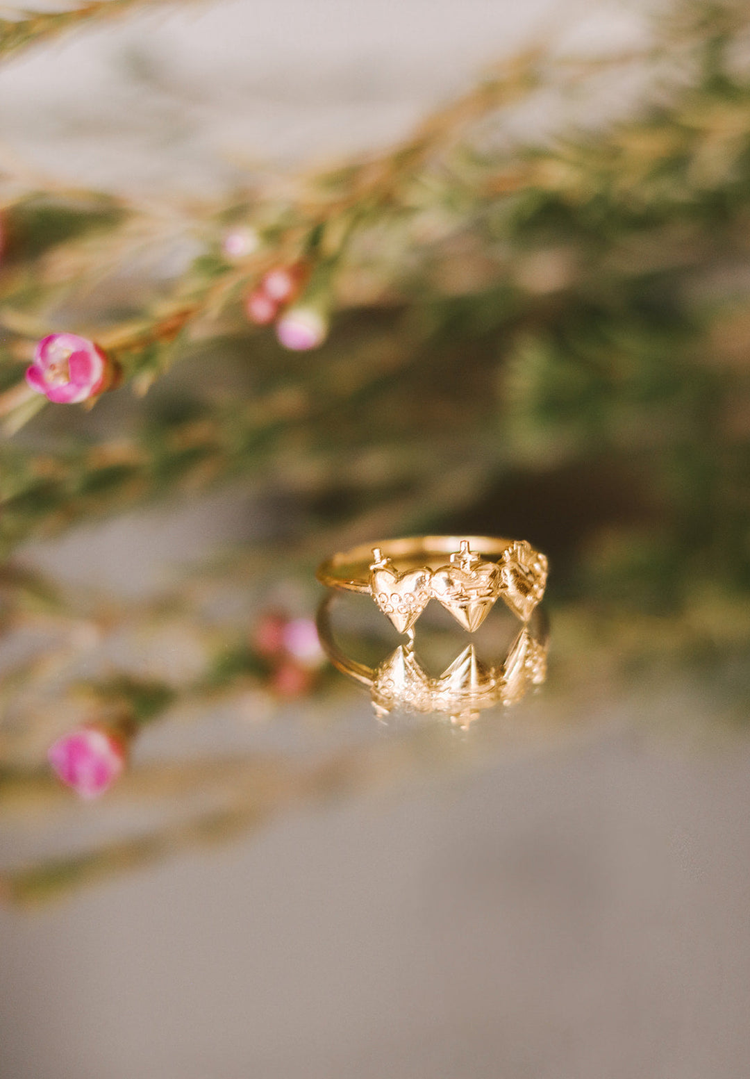 Sacred Hearts of the Holy Family Ring in Gold Vermeil