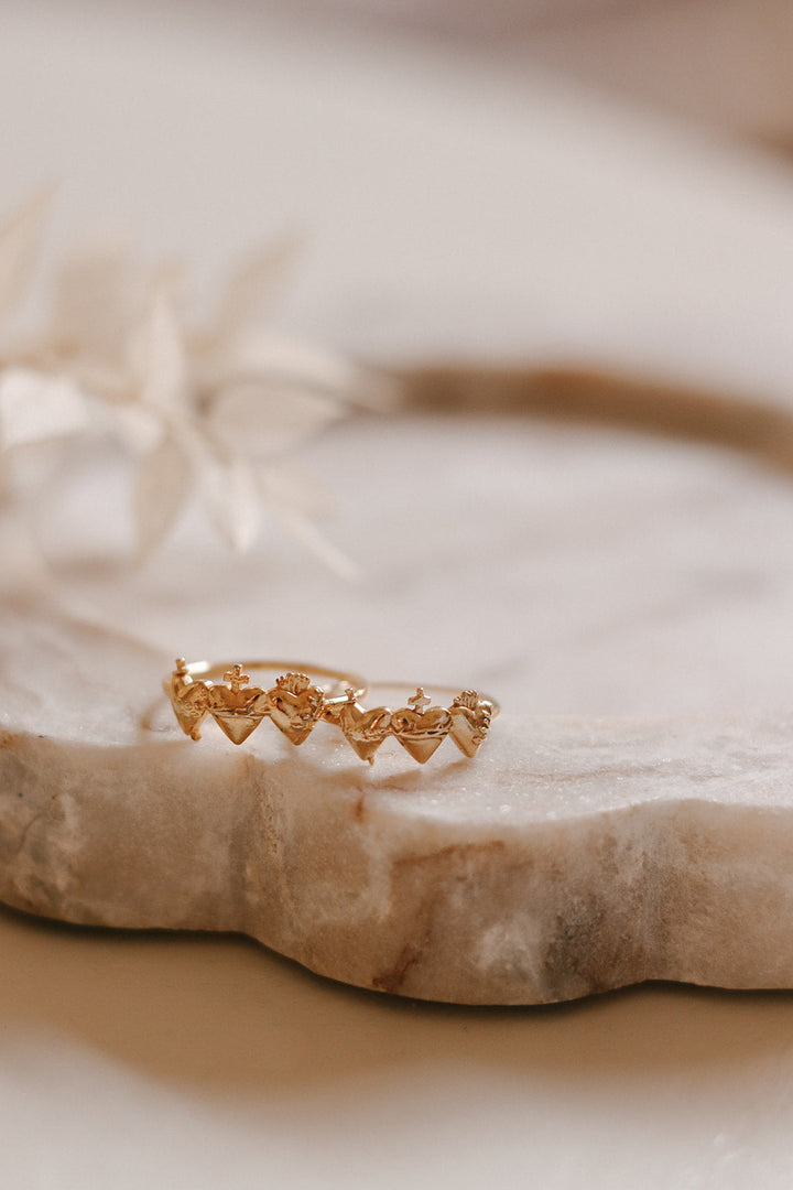 Sacred Hearts of the Holy Family Ring in Gold Vermeil