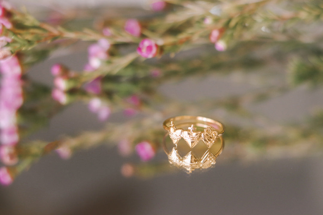 Sacred Hearts of the Holy Family Ring in Gold Vermeil