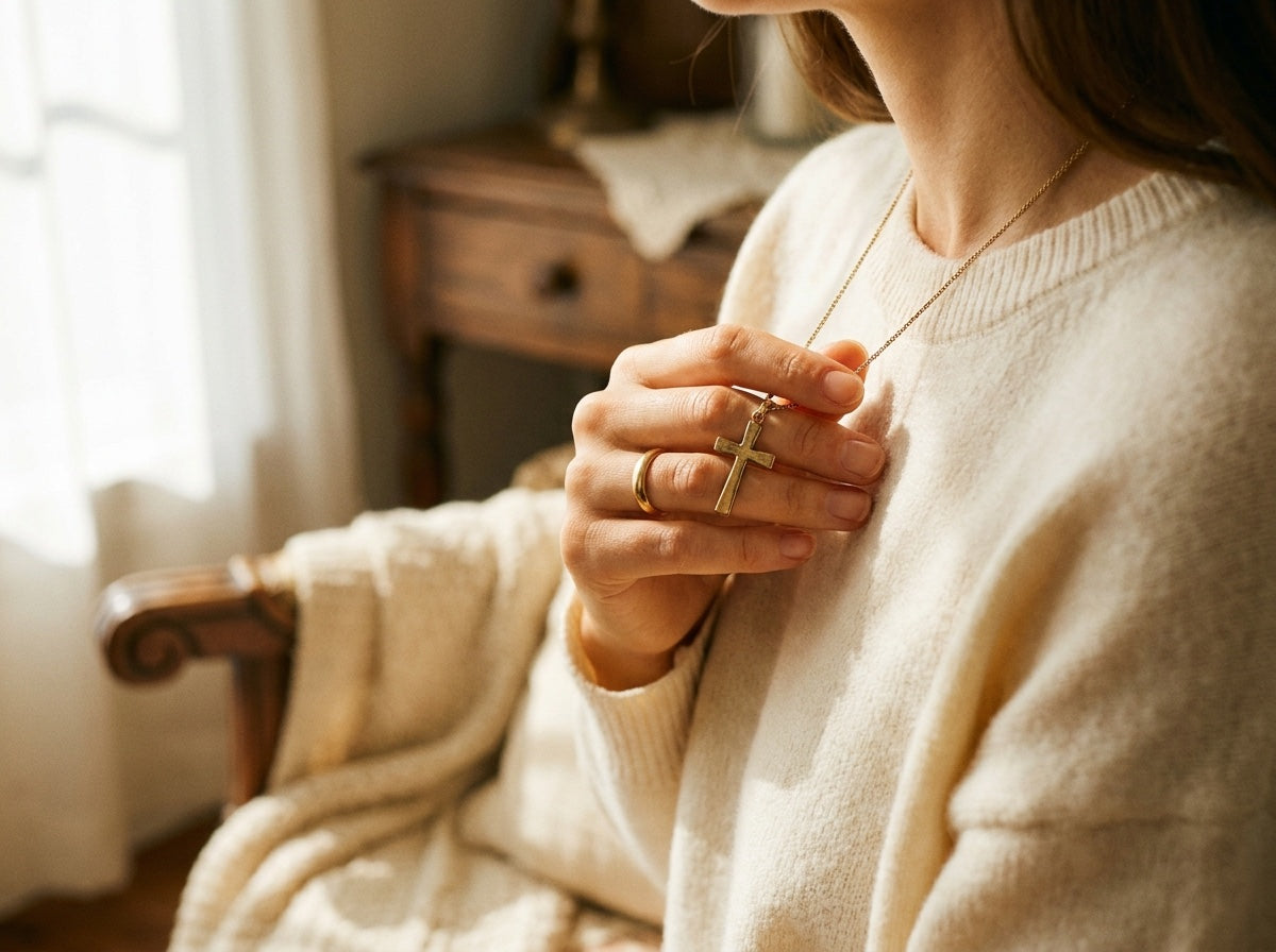 A hand holding a gold Promised cross